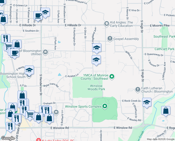 map of restaurants, bars, coffee shops, grocery stores, and more near 1915 South Highland Avenue in Bloomington