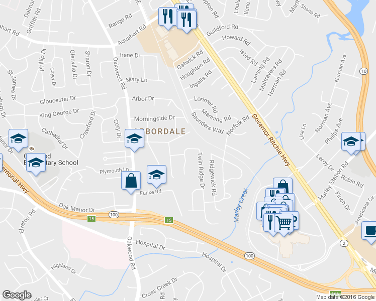 map of restaurants, bars, coffee shops, grocery stores, and more near 8913 Park South Drive in Glen Burnie