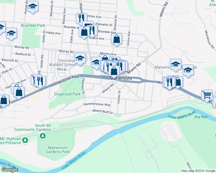 map of restaurants, bars, coffee shops, grocery stores, and more near 3814 Miami Road in Cincinnati