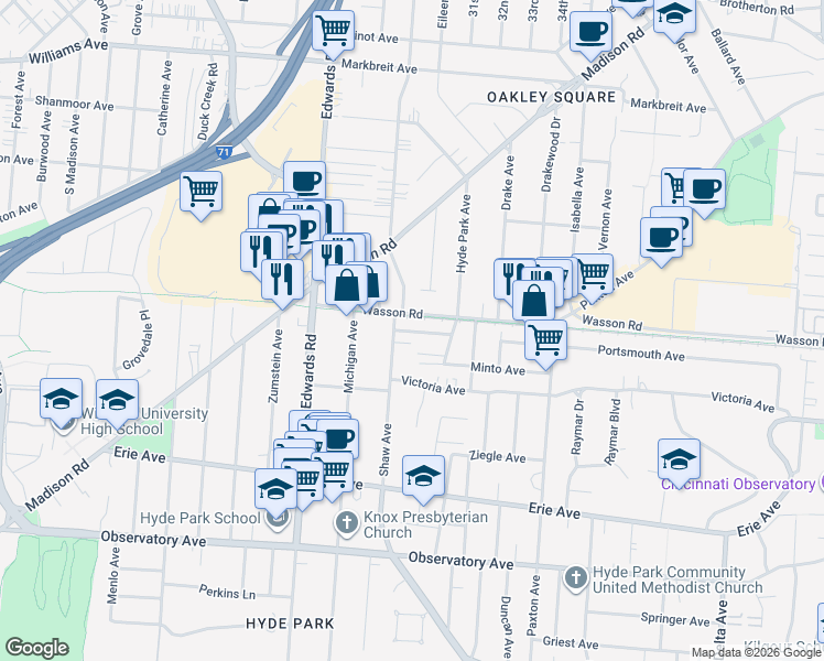map of restaurants, bars, coffee shops, grocery stores, and more near 3652 Shaw Avenue in Cincinnati