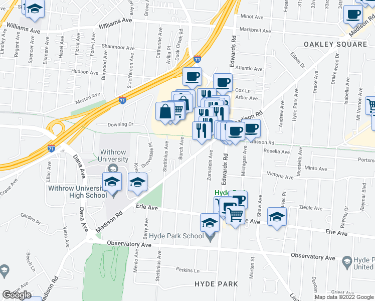 map of restaurants, bars, coffee shops, grocery stores, and more near in Cincinnati