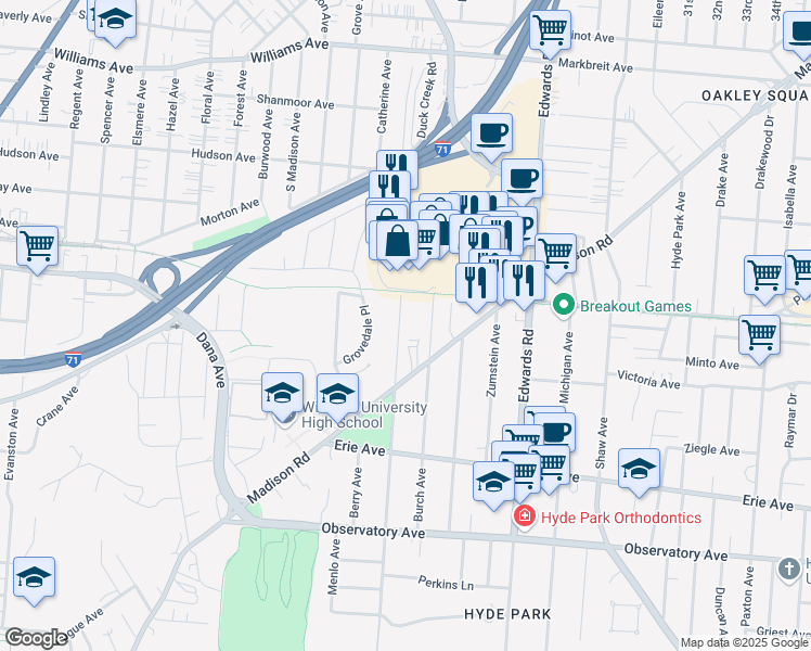 map of restaurants, bars, coffee shops, grocery stores, and more near 3647 Stettinius Avenue in Cincinnati