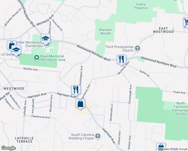 map of restaurants, bars, coffee shops, grocery stores, and more near 3107 McHenry Avenue in Cincinnati