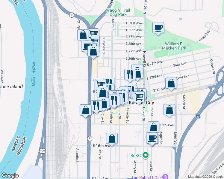 map of restaurants, bars, coffee shops, grocery stores, and more near 2100 Erie Street in North Kansas City