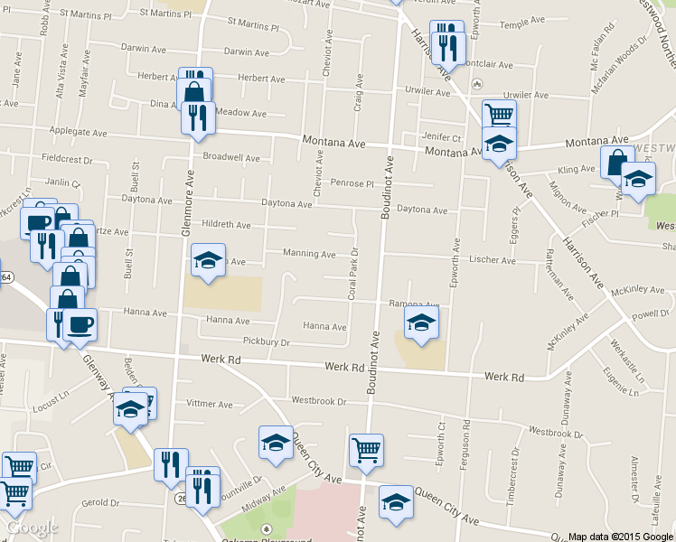 map of restaurants, bars, coffee shops, grocery stores, and more near 3114 Pershing Court in Cincinnati