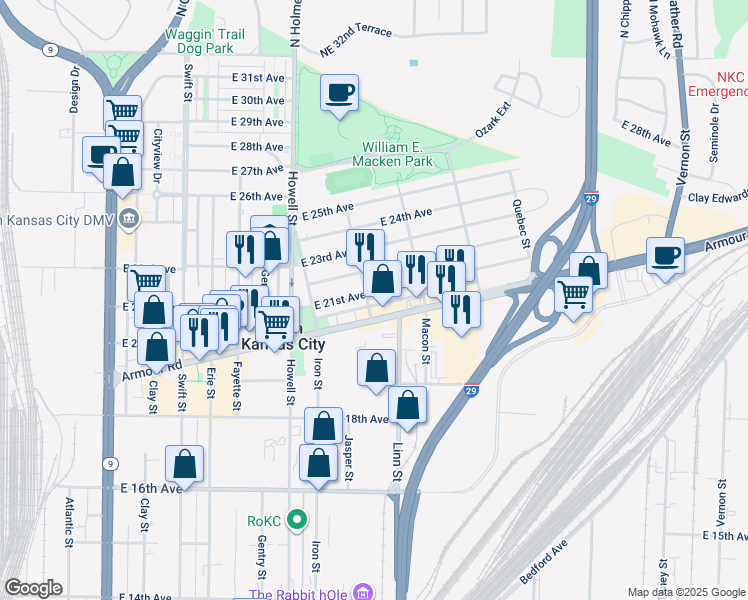 map of restaurants, bars, coffee shops, grocery stores, and more near 1003 East 21st Avenue in North Kansas City