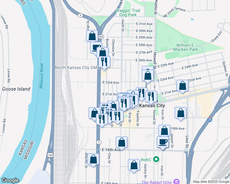 map of restaurants, bars, coffee shops, grocery stores, and more near 2105 Clay Street in North Kansas City