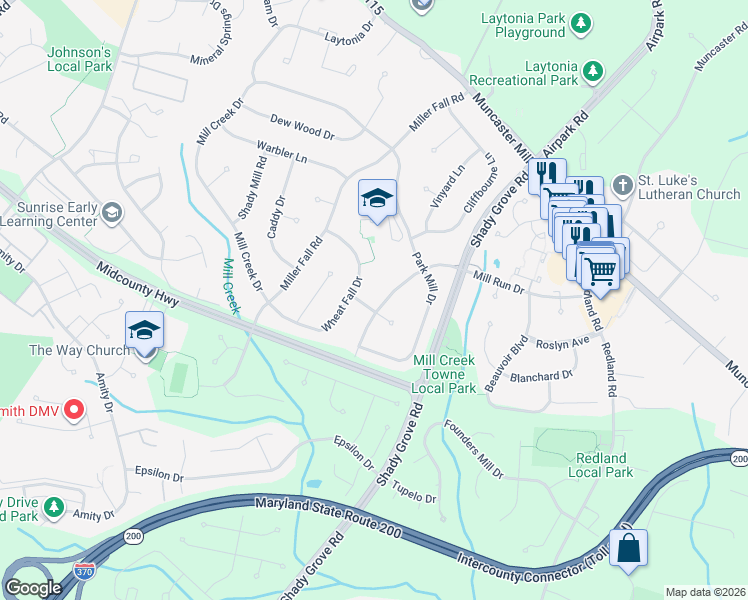 map of restaurants, bars, coffee shops, grocery stores, and more near 7423 Mill Run Drive in Rockville