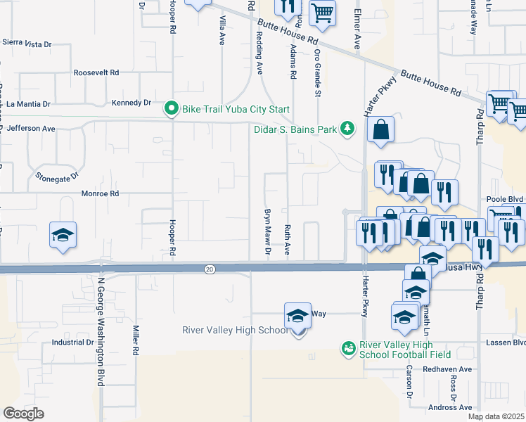 map of restaurants, bars, coffee shops, grocery stores, and more near 1160 Bryn Mawr Drive in Yuba City