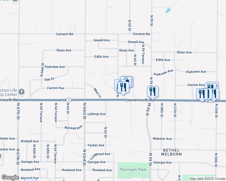 map of restaurants, bars, coffee shops, grocery stores, and more near 6117 Farrow Avenue in Kansas City