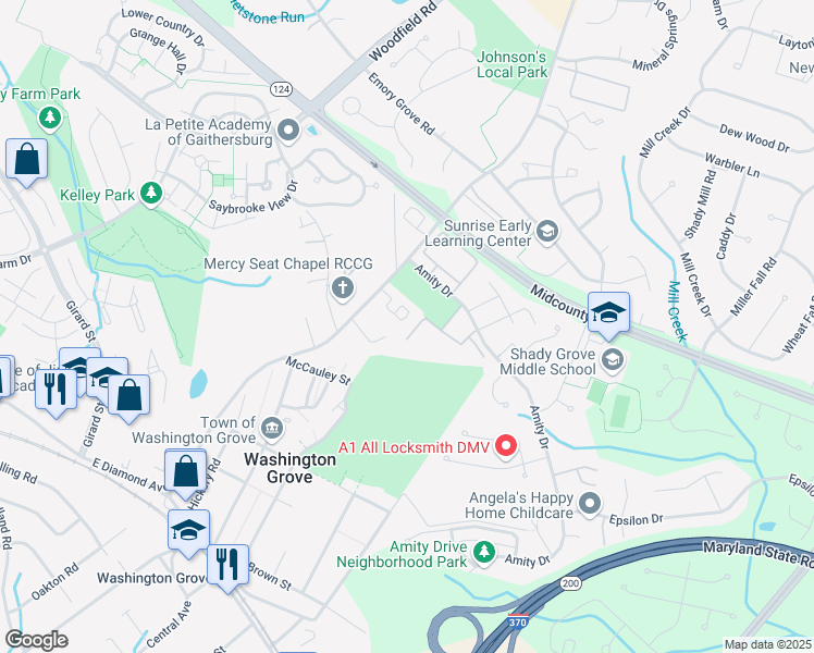 map of restaurants, bars, coffee shops, grocery stores, and more near 8301 Fairhaven Drive in Gaithersburg