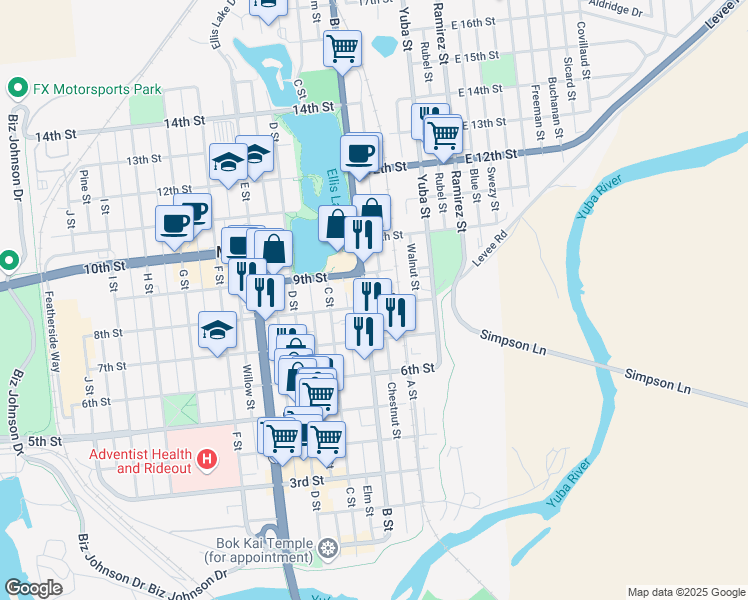 map of restaurants, bars, coffee shops, grocery stores, and more near 703 B Street in Marysville