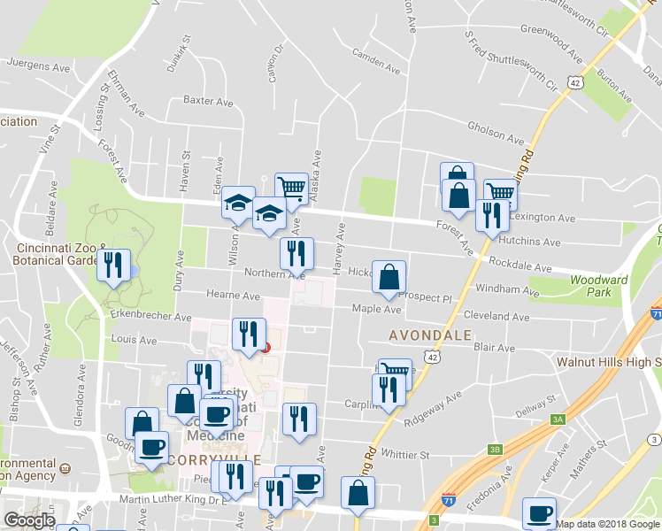 map of restaurants, bars, coffee shops, grocery stores, and more near 3475 Harvey Avenue in Cincinnati