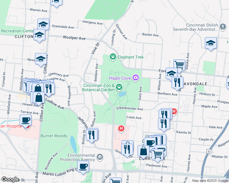 map of restaurants, bars, coffee shops, grocery stores, and more near 3442 Vine Street in Cincinnati
