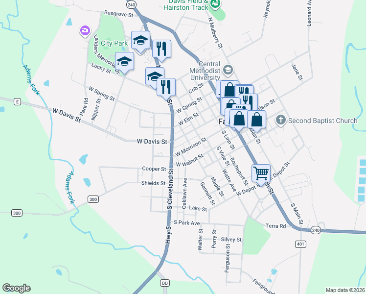 map of restaurants, bars, coffee shops, grocery stores, and more near 402-499 West Morrison Street in Fayette