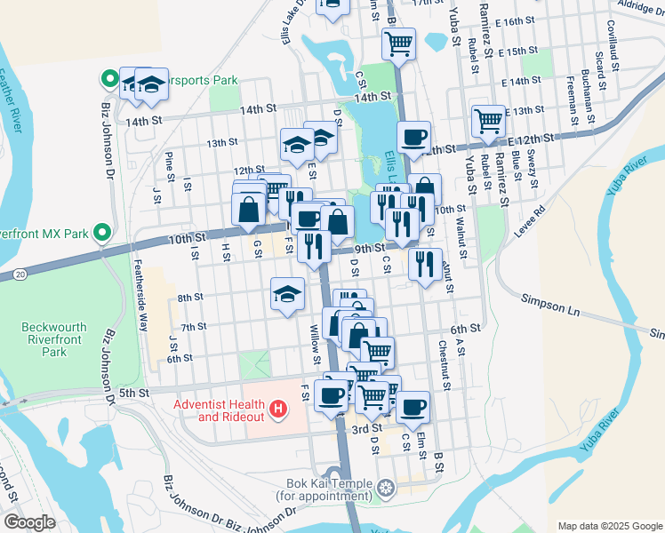 map of restaurants, bars, coffee shops, grocery stores, and more near 800 D Street in Marysville