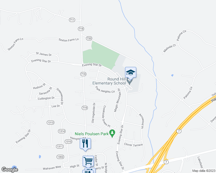 map of restaurants, bars, coffee shops, grocery stores, and more near 35791 Chapel Hill Court in Round Hill