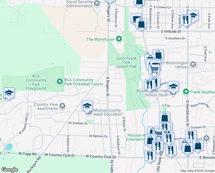 map of restaurants, bars, coffee shops, grocery stores, and more near 2119 South Rogers Street in Bloomington
