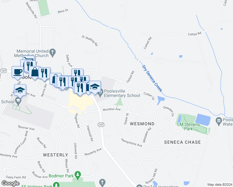 map of restaurants, bars, coffee shops, grocery stores, and more near 17621 Kohlhoss Road in Poolesville