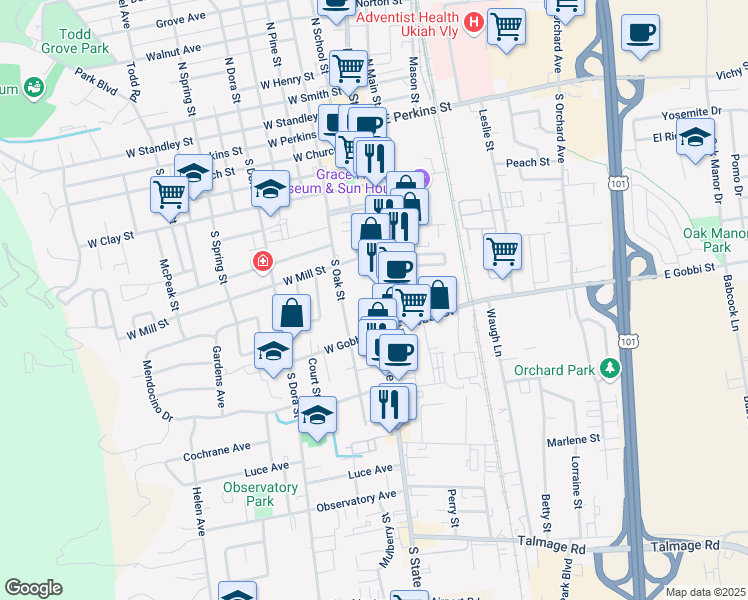 map of restaurants, bars, coffee shops, grocery stores, and more near 650 South State Street in Ukiah