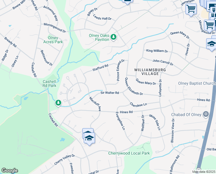 map of restaurants, bars, coffee shops, grocery stores, and more near 17601 Prince Edward Drive in Olney