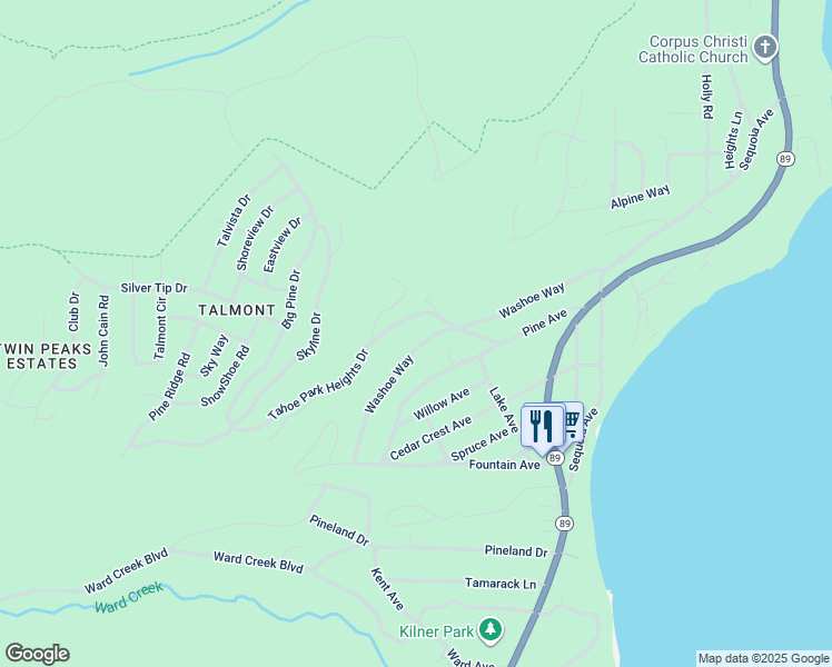 map of restaurants, bars, coffee shops, grocery stores, and more near 1590 Washoe Way in Tahoe City