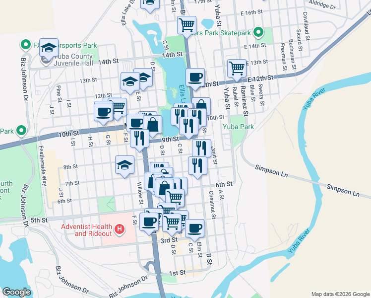 map of restaurants, bars, coffee shops, grocery stores, and more near 215 8th Street in Marysville