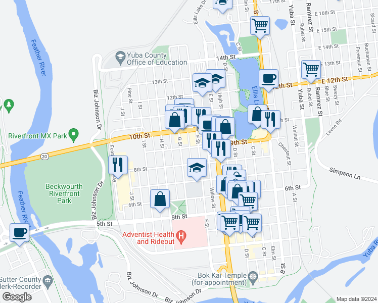map of restaurants, bars, coffee shops, grocery stores, and more near 822 F Street in Marysville