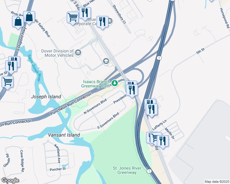 map of restaurants, bars, coffee shops, grocery stores, and more near 110 North Governors Boulevard in Dover