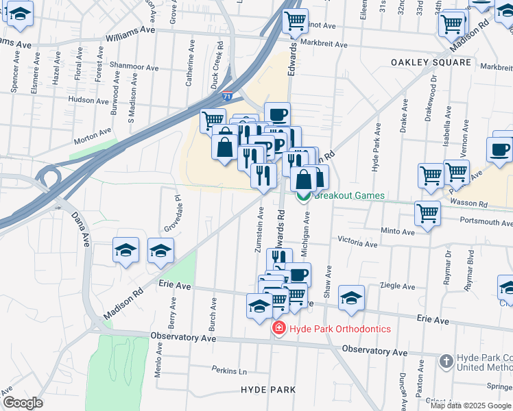 map of restaurants, bars, coffee shops, grocery stores, and more near 3644 Zumstein Avenue in Cincinnati