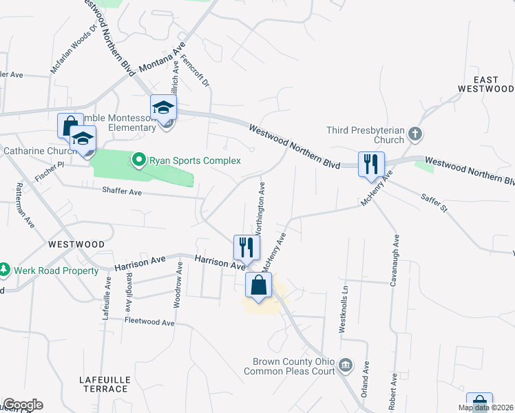 map of restaurants, bars, coffee shops, grocery stores, and more near 3078 Worthington Avenue in Cincinnati