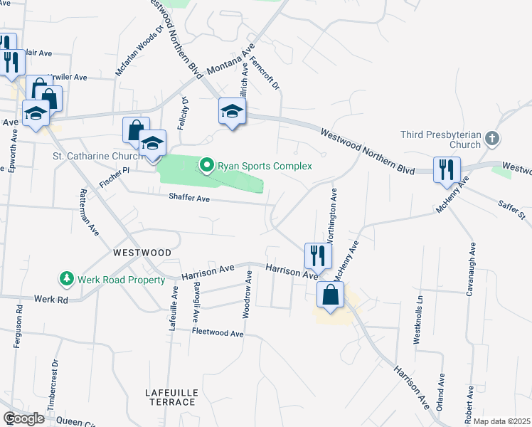 map of restaurants, bars, coffee shops, grocery stores, and more near 3115 Bracken Woods Lane in Cincinnati