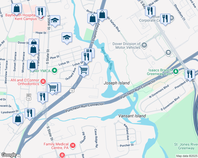 map of restaurants, bars, coffee shops, grocery stores, and more near 151 Roosevelt Avenue in Dover