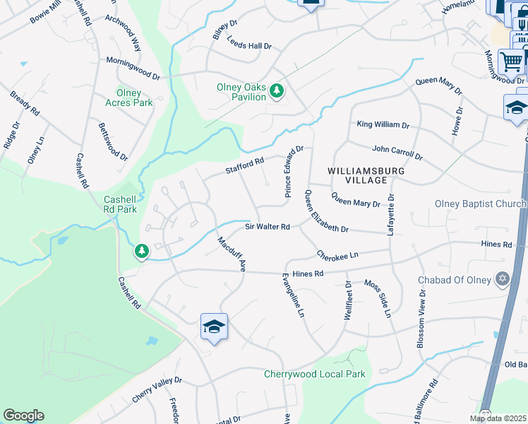 map of restaurants, bars, coffee shops, grocery stores, and more near 17601 Prince Edward Drive in Olney