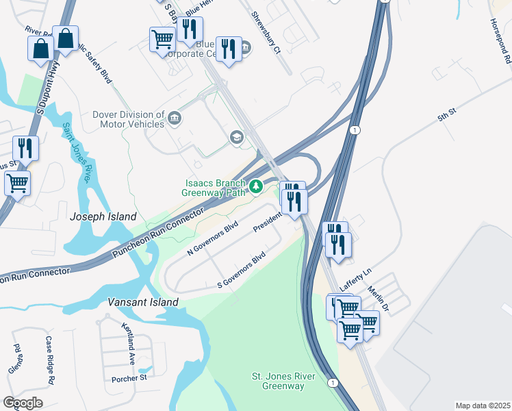 map of restaurants, bars, coffee shops, grocery stores, and more near 110 North Governors Boulevard in Dover