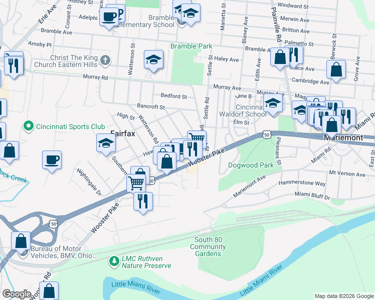 map of restaurants, bars, coffee shops, grocery stores, and more near 3715 Carlton Avenue in Cincinnati