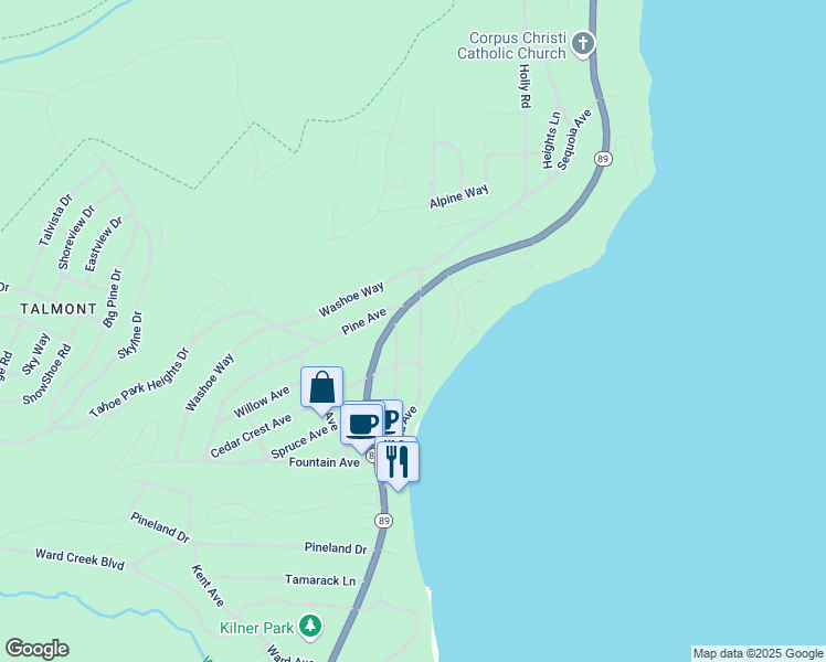 map of restaurants, bars, coffee shops, grocery stores, and more near 1545 Sequoia Avenue in Tahoe City