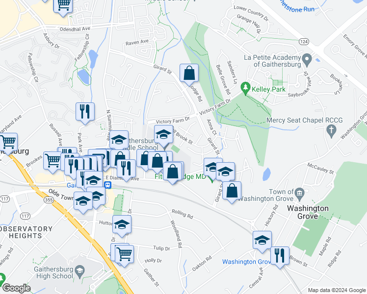 map of restaurants, bars, coffee shops, grocery stores, and more near 527 Mandolin Court in Gaithersburg