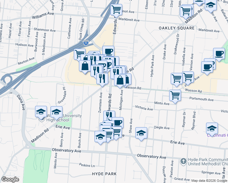 map of restaurants, bars, coffee shops, grocery stores, and more near 3642 Ohio 561 in Cincinnati