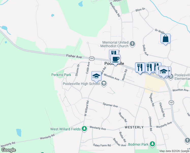 map of restaurants, bars, coffee shops, grocery stores, and more near 17550 W Willard Rd in Poolesville