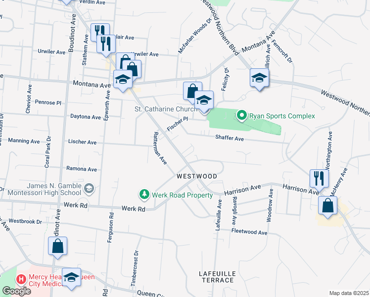 map of restaurants, bars, coffee shops, grocery stores, and more near 2859 Harrison Avenue in Cincinnati