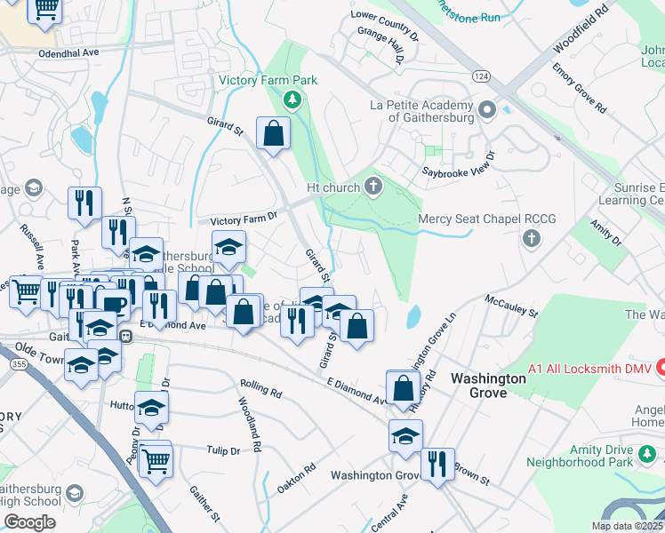 map of restaurants, bars, coffee shops, grocery stores, and more near 22 Benji Court in Gaithersburg