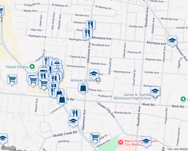 map of restaurants, bars, coffee shops, grocery stores, and more near 3315 Renfro Avenue in Cincinnati
