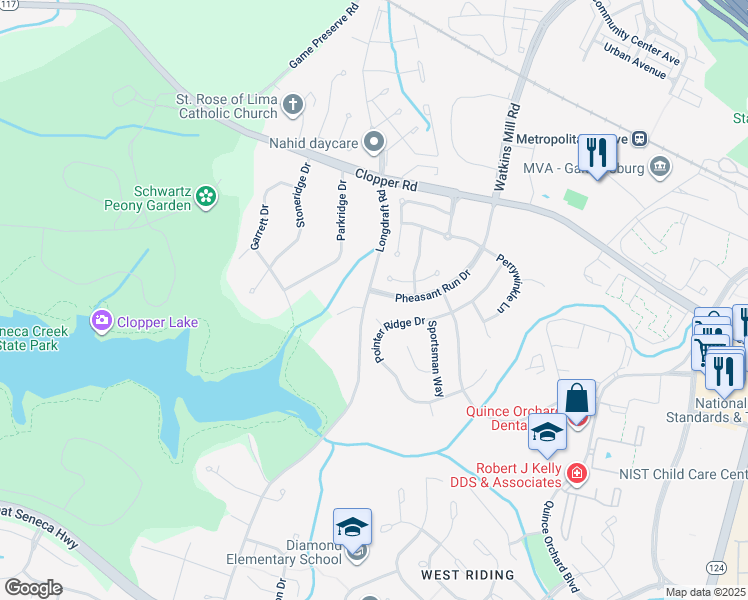 map of restaurants, bars, coffee shops, grocery stores, and more near 922 Pheasant Run Drive in Gaithersburg