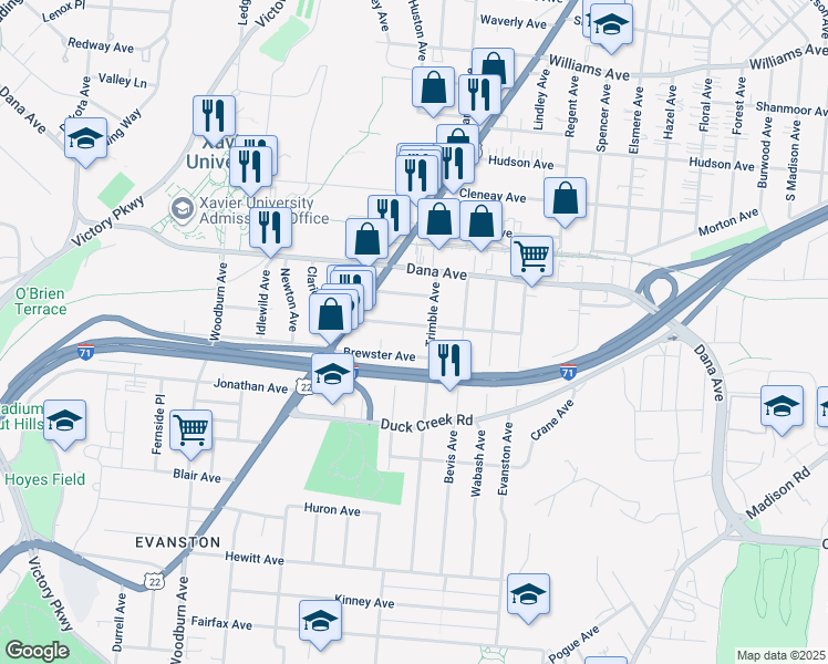 map of restaurants, bars, coffee shops, grocery stores, and more near 3567 Trimble Avenue in Cincinnati