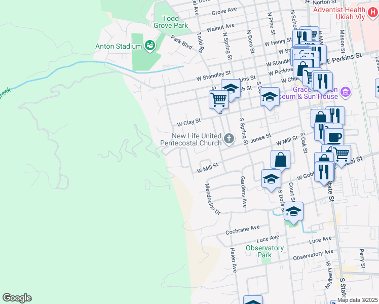 map of restaurants, bars, coffee shops, grocery stores, and more near 30 Highland Drive in Ukiah