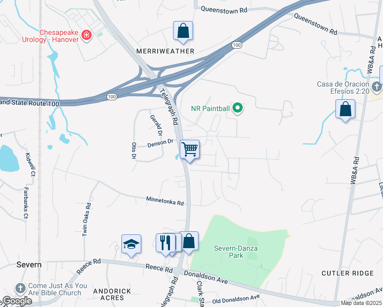 map of restaurants, bars, coffee shops, grocery stores, and more near 1010 Tuscany Lane in Severn