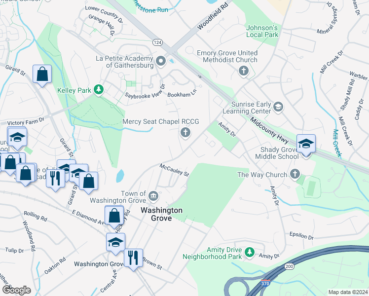 map of restaurants, bars, coffee shops, grocery stores, and more near 17525 Towne Crest Drive in Gaithersburg