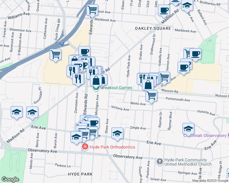 map of restaurants, bars, coffee shops, grocery stores, and more near 2814 Rosella Avenue in Cincinnati