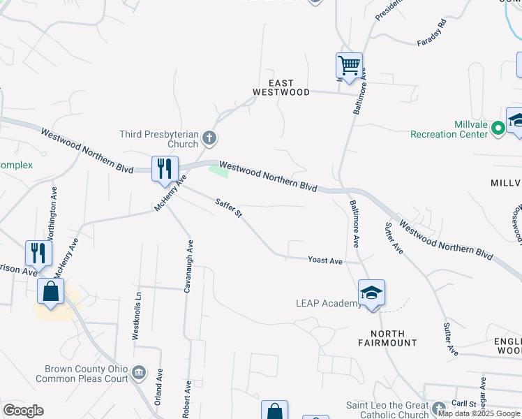 map of restaurants, bars, coffee shops, grocery stores, and more near 3341 Ninann Court in Cincinnati